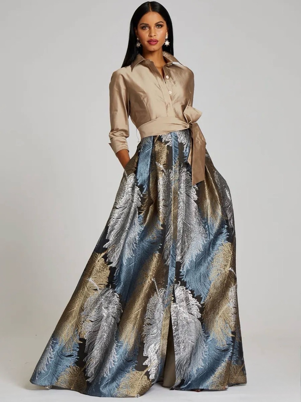 Rickie Freeman for Teri Jon Taffeta Metallic Feather Shirtdress Blue Gold sz 18